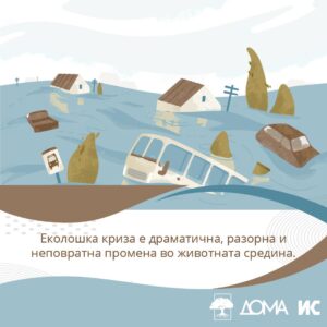 Илустрација од поплавени куќи, дрвја и автомобили, со текст: Еколошка криза е драматична, разорна и неповратна промена во животната средина.