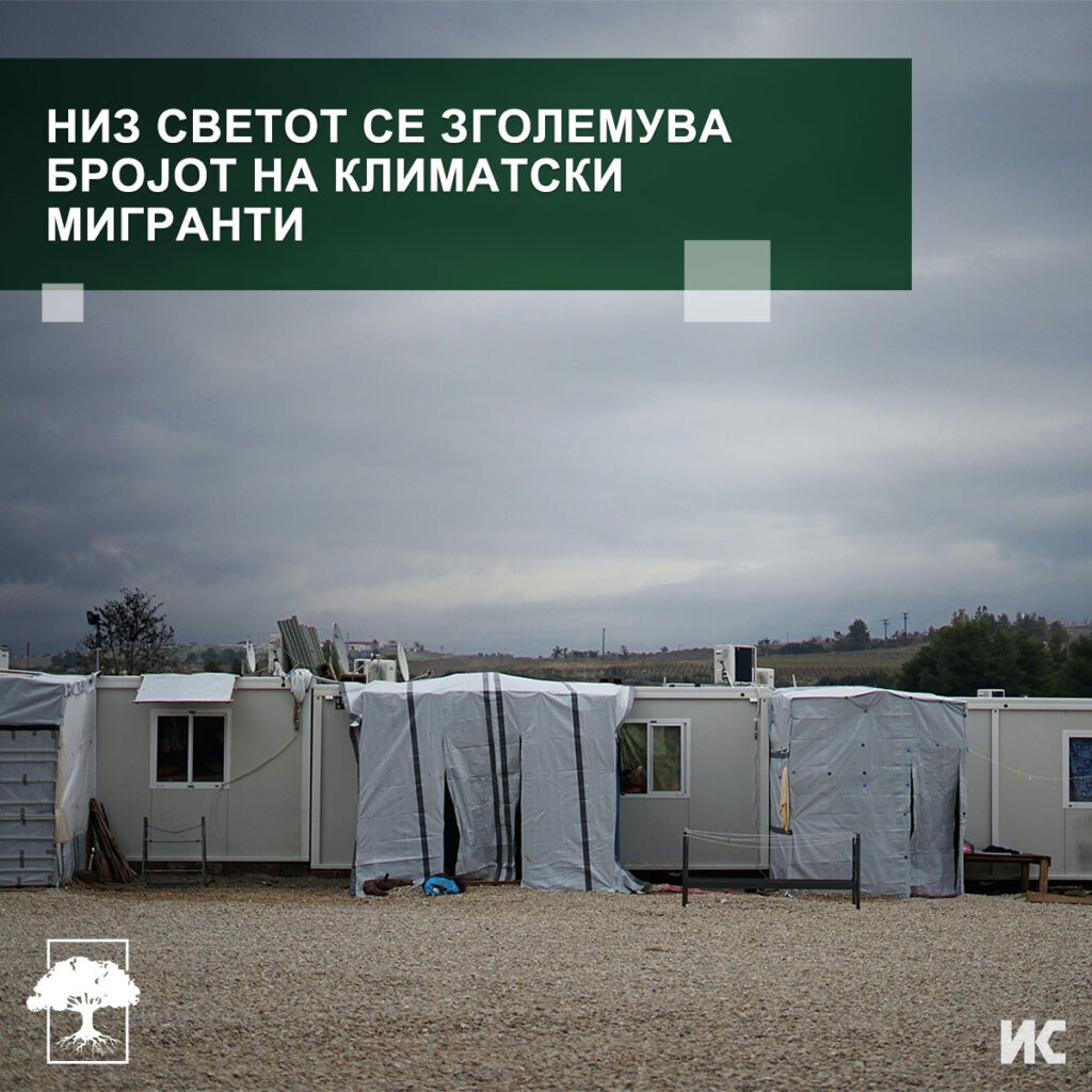 Фотографија од мигрантски камп, со текст: Низ светот се зголемува бројот на климатски мигранти.